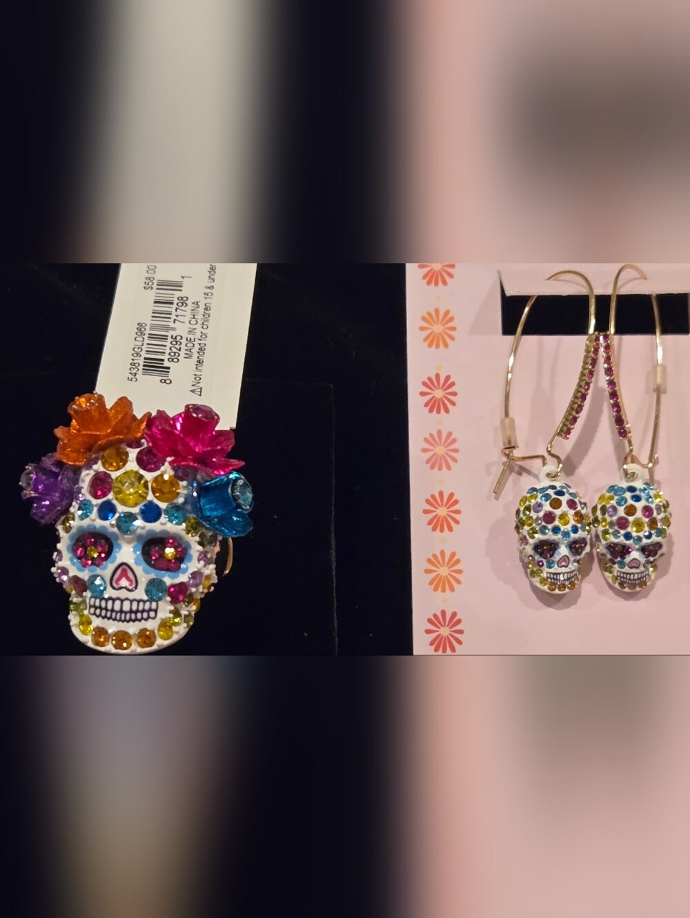 Betsey Johnson Colorful Crystal Sugar Skull Earrings & Ring.